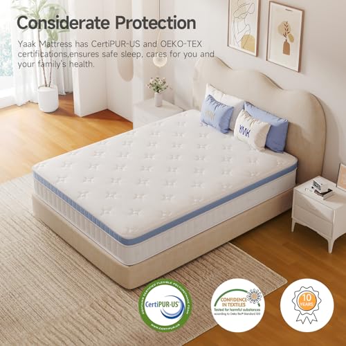 Yaak Queen Mattress, 10 Inch Queen Size Mattress in a Box, Individual Pocket Spring Hybrid Mattress with Breathable Memory Foam, Motion Isolation, Medium Firm Queen Bed Mattress 80"x60"x10"