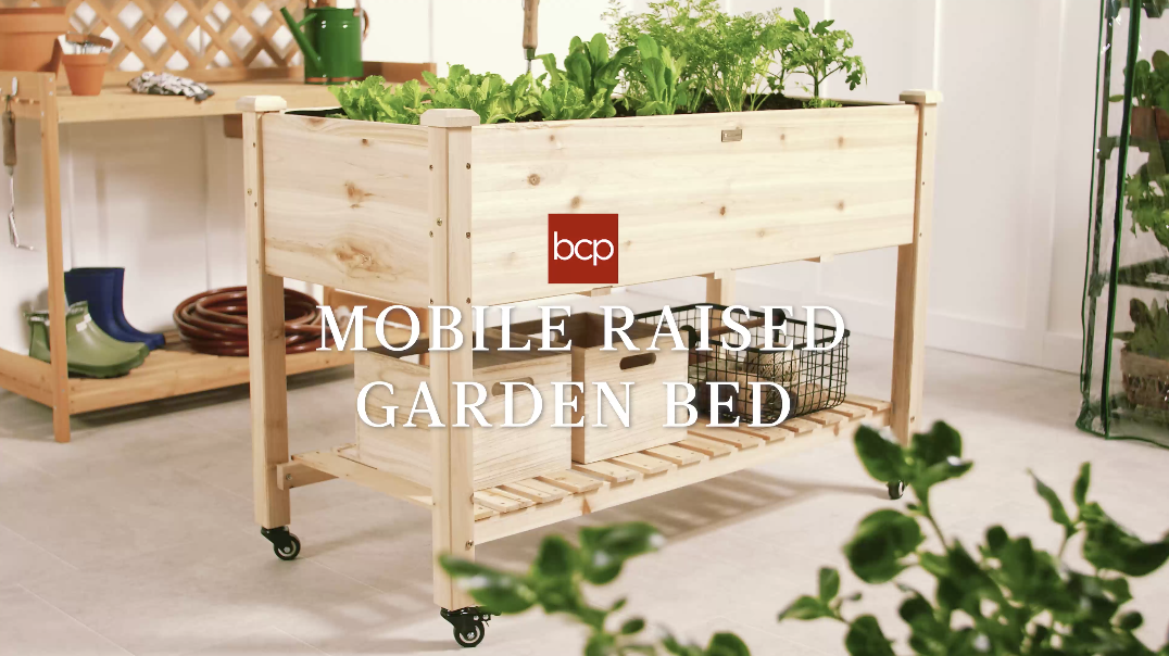 Best Choice Products Raised Garden Bed 48x24x32-inch Mobile Elevated Wood Planter w/Lockable Wheels, Storage Shelf, Protective Liner - Natural